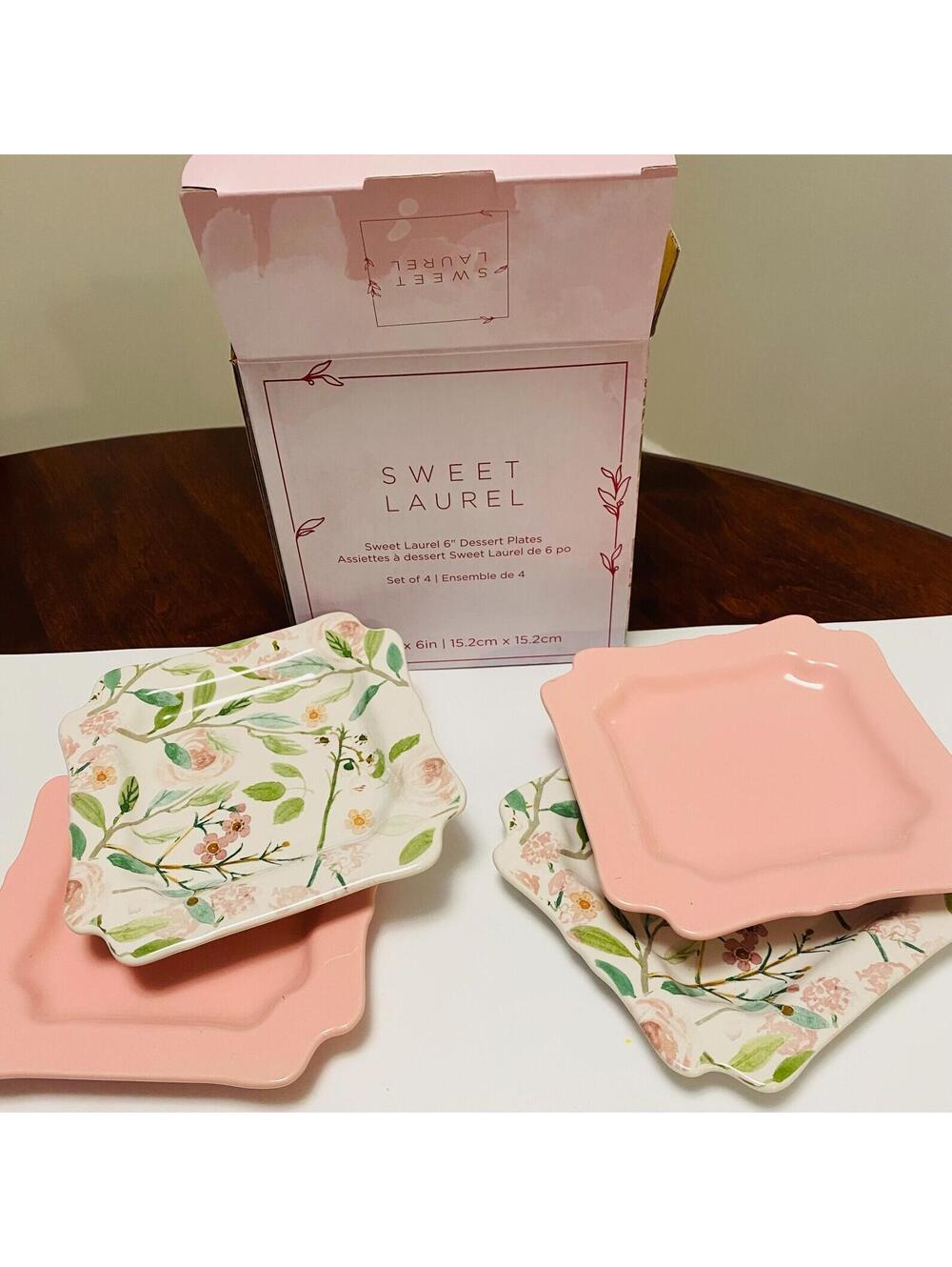 New In Box Set of 4 Sweet Laurel Dessert Plates 6” Square Pink & Floral